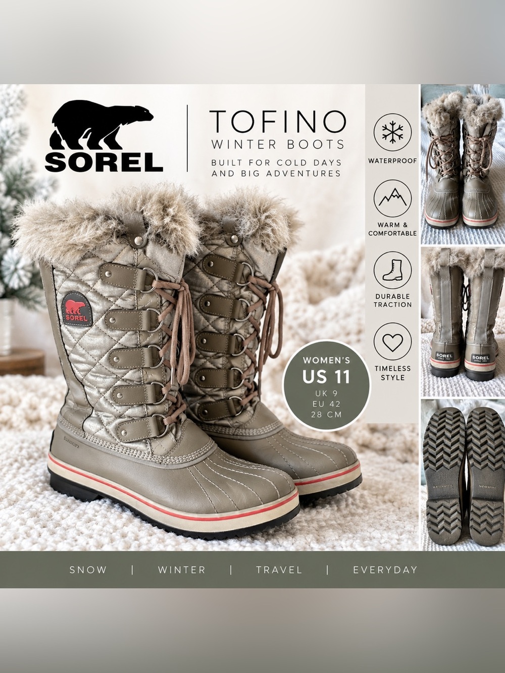 Sorel Women’s Tofino Waterproof Winter Snow Boots Metallic Taupe Faux Fur Sz 11